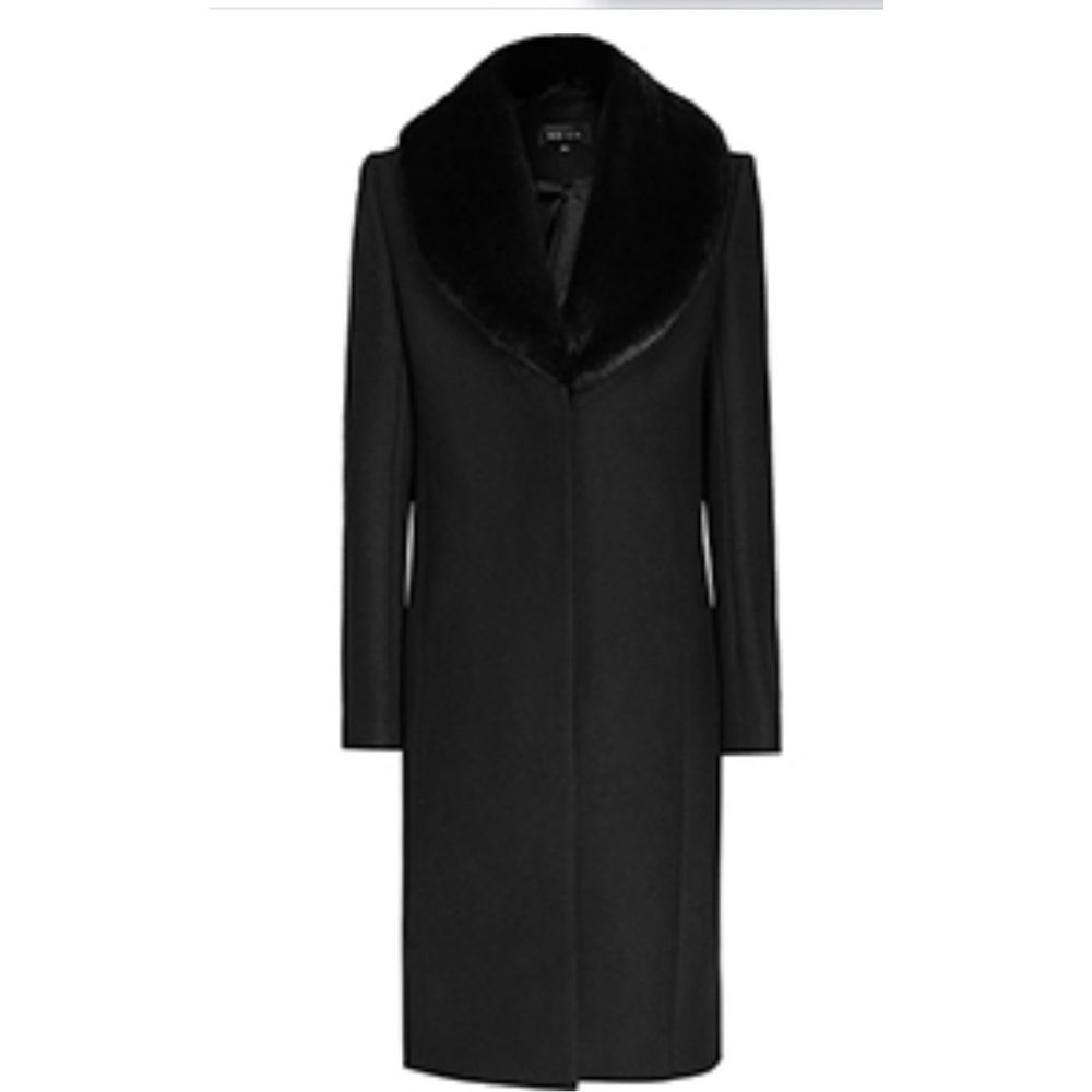 Reiss Women’s April Black Faux Fur Collar Coat Size 4 Wool Blend Coat Minimalist